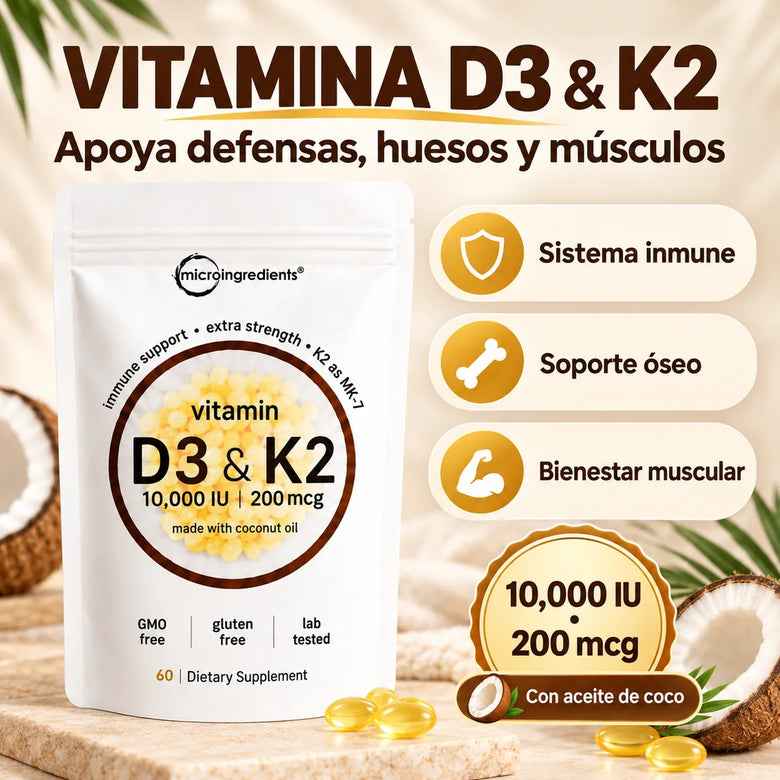 Micro Ingredients D3 + K2 con aceite de coco